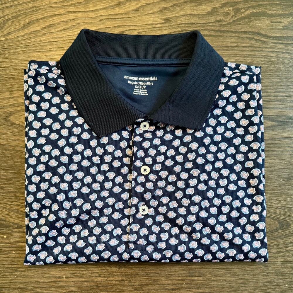 Amazon Essentials Mens Small Seashell Print Navy Polo Shirt